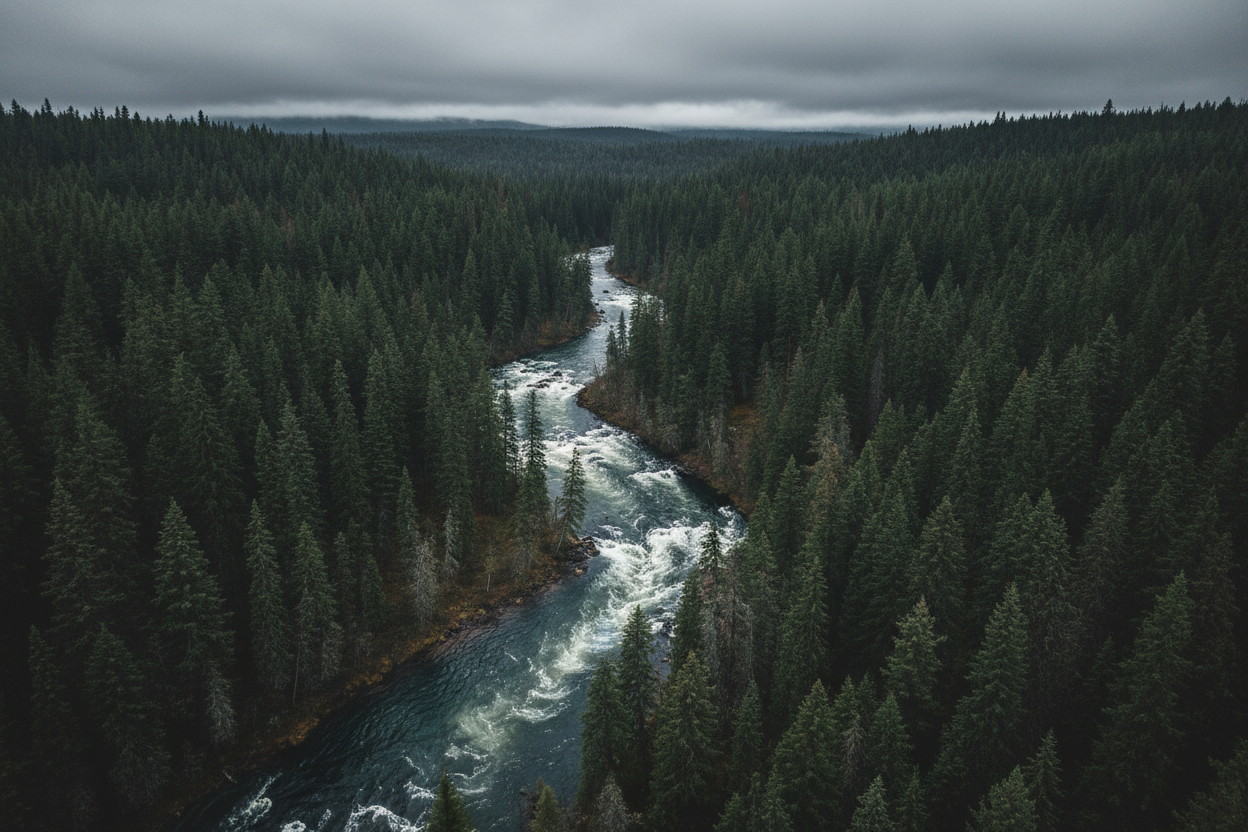 Aerial river through forest