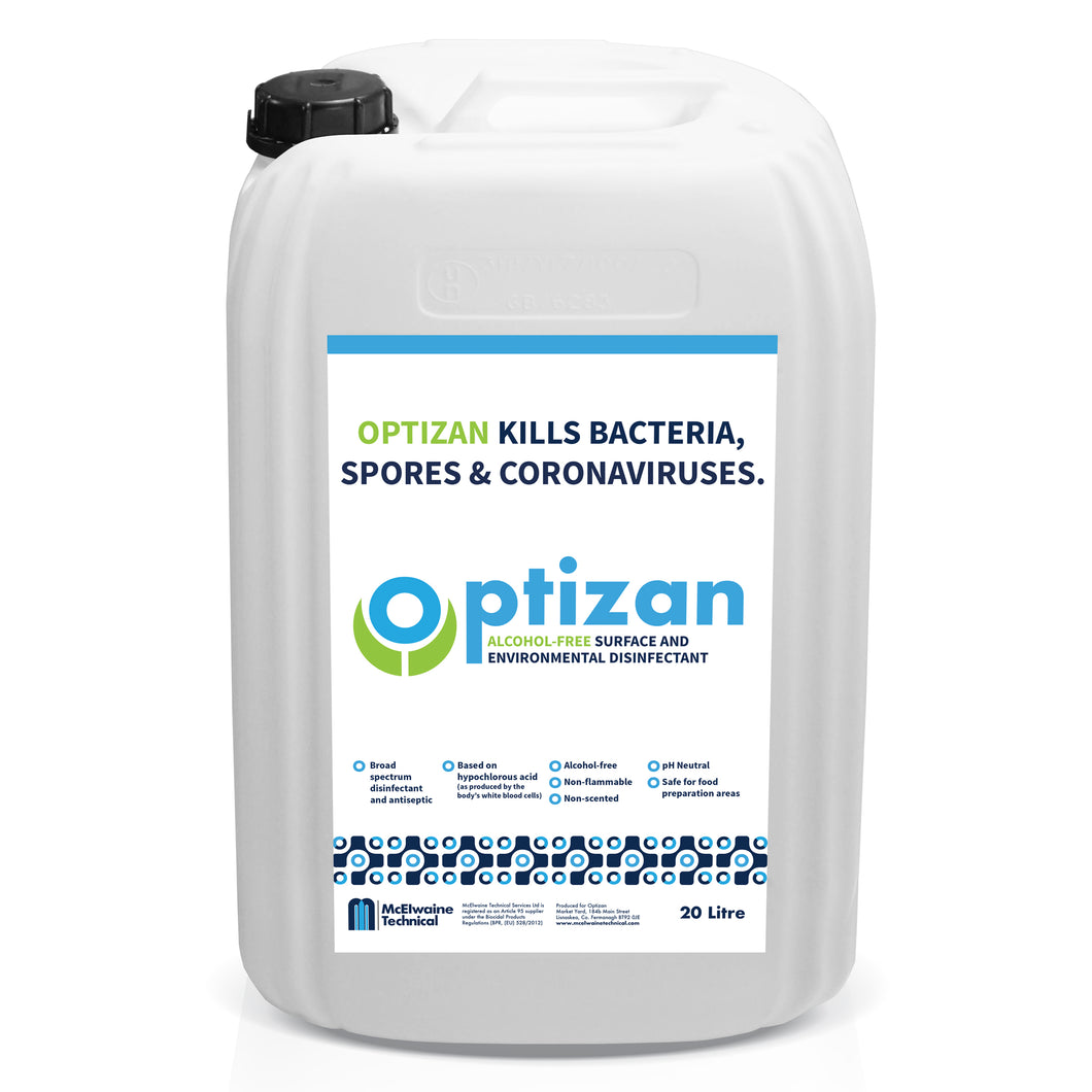 Optizan disinfectant antiseptic based on hypochlorous acid (as produced by the body’s white blood cells). PH neutral, safe for food preparation, alcohol free. 