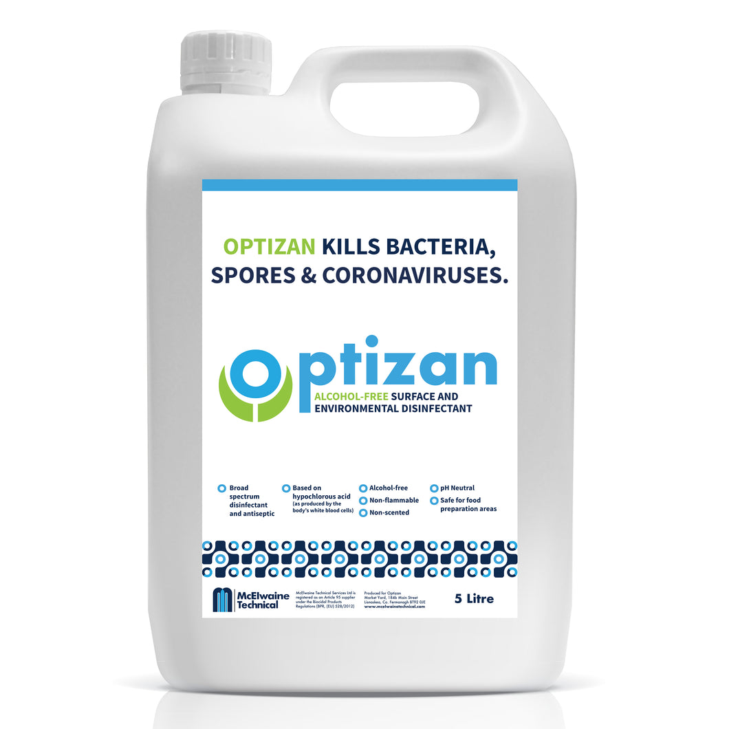 Optizan disinfectant antiseptic based on hypochlorous acid (as produced by the body’s white blood cells). PH neutral, safe for food preparation, alcohol free. 