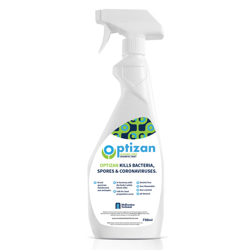 Optizan disinfectant antiseptic based on hypochlorous acid (as produced by the body’s white blood cells). PH neutral, safe for food preparation, alcohol free. 