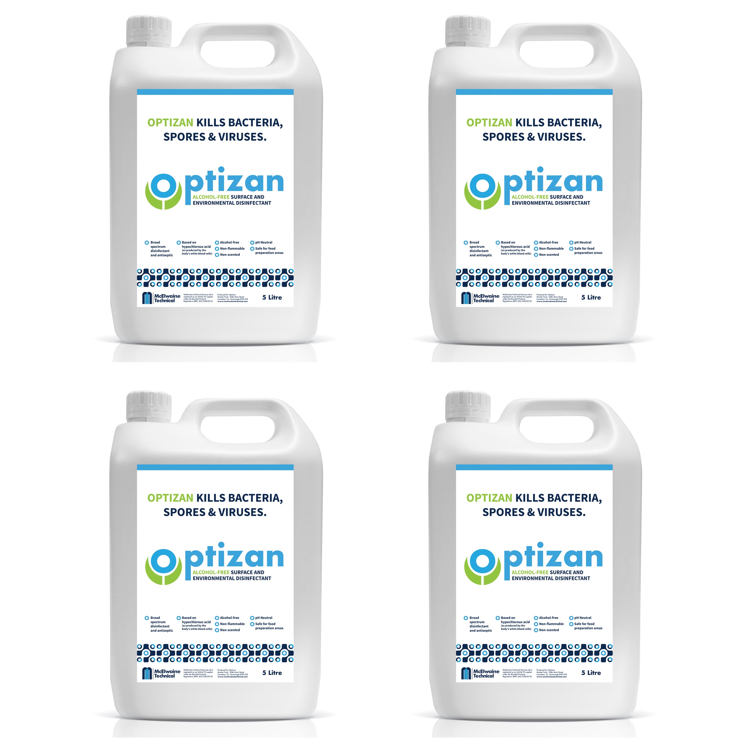 Optizan disinfectant antiseptic based on hypochlorous acid (as produced by the body’s white blood cells). PH neutral, safe for food preparation, alcohol free. 