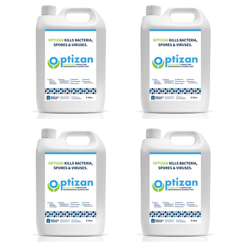Optizan disinfectant antiseptic based on hypochlorous acid (as produced by the body’s white blood cells). PH neutral, safe for food preparation, alcohol free. 