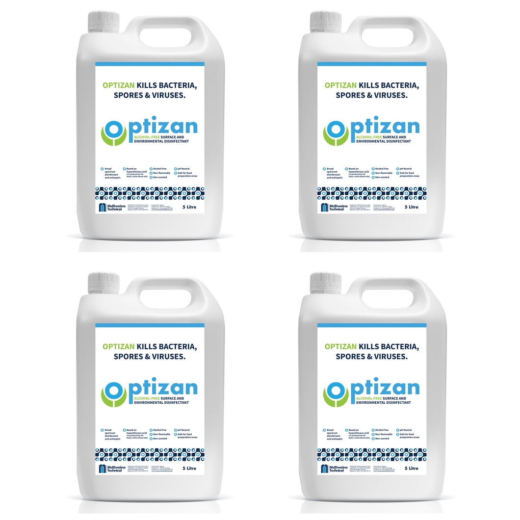 Optizan disinfectant antiseptic based on hypochlorous acid (as produced by the body’s white blood cells). PH neutral, safe for food preparation, alcohol free. 