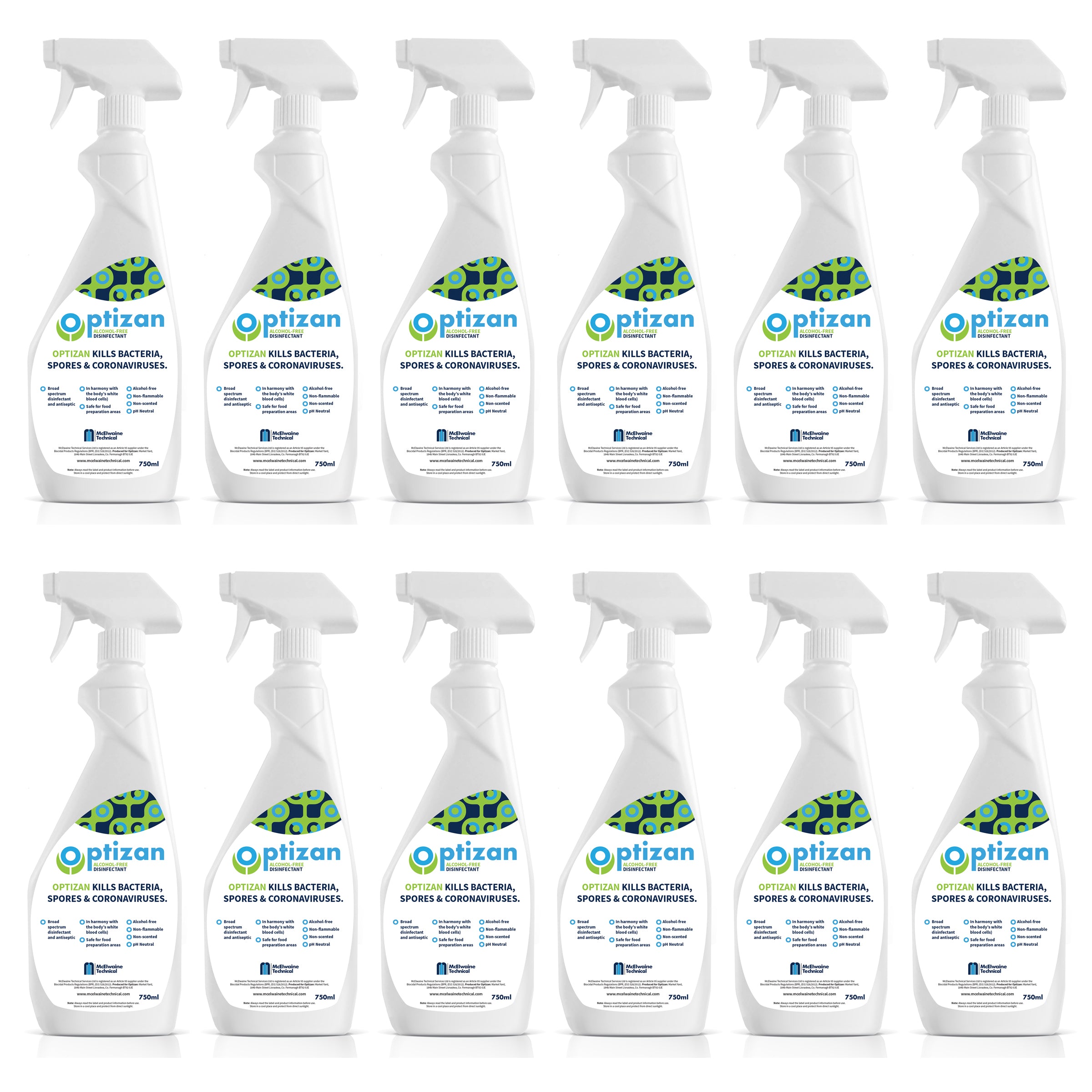 Optizan disinfectant antiseptic based on hypochlorous acid (as produced by the body’s white blood cells). PH neutral, safe for food preparation, alcohol free. 